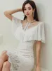 Casual Jurken Koreaanse Mode Dames Kant Avond Vrouwen Elegante Zoete Sheer Korte Mouw Slanke Party Prom Jurk Gewaad Femme vestidos