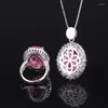 Ketting Oorbellen Set EYIKA Luxe Brazilië Sieraden Voor Vrouwen Oval Cut Paars Roze Kleur Fusion Stone Hanger Ring Bruiloft