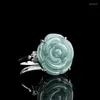 Cluster Rings S925 Silver inlagd Natural A Jade Rose Ring med Blue Water Fashion Elegant Uquisite for Women justerbar