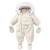 AYNIGIELL Winter born Thickening Jumpsuit Built-in Wool Hooded Down Romper Baby Boys and Girls Warm Snowproof Overalls 240202