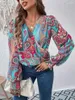 Bluzki damskie 2024 swobodne jesieni Kobiety Koszule plisowane Lantern Long Rleeve Elegancki stały kolor crossover v szyja luźne topy pulowerowe