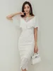 Casual Jurken Koreaanse Mode Dames Kant Avond Vrouwen Elegante Zoete Sheer Korte Mouw Slanke Party Prom Jurk Gewaad Femme vestidos