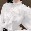 Винтажная одежда с оборками, элегантная кружевная блузка, женская весенняя белая шифоновая рубашка с воротником-стойкой, свободные топы с длинными рукавами-фонариками 12946 240129
