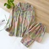 Japanese Spring and Autumn Womens Pajama Set 100% Cotton Vintage Long sleeved Pants Two Piece for Home Furnishings 240201