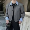 男性ブレザーストライプパッチワークラペル長袖ボタンカジュアルスーツ韓国ファッション男性作物コートS5XLインカン240201