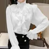 Vintage Ruffles Clothes Elegant Lace Blouse Women Spring Stand Collar White Chiffon Shirt Long Puff Sleeve Loose Tops 12946 240129