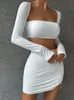 Fairyshely 2 pezzi mini abito bianco sexy set top a maniche lunghe gonne estive abiti aderenti abito corto diviso da donna 240124