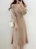 Vestido plissado coreano outono manga longa magro mulher camisola vestidos de malha vintage elegante midi vestido de festa 240202
