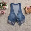 Kvinnors västar koreanska denim väst 2024 Summer Sequin Splicing ärmlös kort kvinnlig ytterkläder Cardigan Jacka Waistcoat