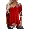 Women's T Shirts 3/4 Sleeve For Women Christmas Print Graphic Tees Blouses Casual Plus Size V-Neck Basic Tops Pullover Pretty Clothing