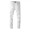 Jeans masculinos branco alta rua estiramento magro streetwear angustiado luz azul rhinestons destruído buracos qualidade magro ajuste marca