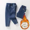 Byxor barn byxor denim fleece sammet fodrad jeans vinter höst barn varmt barn baby pojke flickor jean elastisk midja