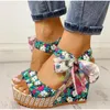 Senhoras verão praia boho floral cunha sandálias mulheres tornozelo cinta plataforma gladiador sapatos mulher salto alto sandalias mujer 240118