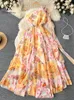 Sukienki swobodne Singreiny Bohemian Camis Chifon Long Print Dress Women Off ramię plisowana moda 2024