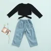 Clothing Sets 2 Pieces Kids Suit Set Girls Solid Color O-Neck Long Sleeve Hollow Out Bandage Shirt Tops Ripped Jeans Spring Fall 2-7 Years