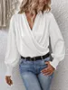 Bluzki damskie 2024 swobodne jesieni Kobiety Koszule plisowane Lantern Long Rleeve Elegancki stały kolor crossover v szyja luźne topy pulowerowe