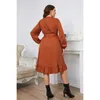 Dames plus size lange swing midi-jurk met lantaarnmouwen, V-hals, omslag, riem, A-lijn, ruches, stropdas, zijgewaad, effen kleur kleding 240202