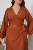 Womens Plus Size Long Lantern Sleeve Swing Midi Dress V Neck Wrap Belted A Line Ruffle Trim Tie Side Robe Solid color clothing 240202