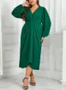 Plus size sólido decote em v vestidos femininos puff mangas compridas runched robe outono outono sprimg vestido cintura elástica roupas femininas 240129