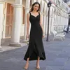 Casual Dresses Elegant Women V Neck Sleeveless Party Long Summer Fashion Black Green Cocktail Wedding Ruffle Split Hem Irregular Dress