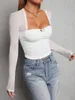 Dames Tanktop Dames S Kanten rand Lange mouw Top Vierkante hals Basic T-shirt Mini Rose Slim Fit Blouse Y2K Esthetisch geribbeld gebreid overhemd