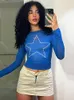 Kadın Tişörtleri 2024 Mavi Yıldız Baskı Grafik Uzun Kollu Kadınlar T-Shirt Bodycon İnce Dipleme Mahsul Üst INS Harajuku Casual Y2K E-Girl Tees