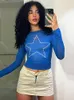 Dames T-shirts 2024 Blauwe Sterrenprint Grafische Lange Mouw Dames T-shirt Bodycon Slanke Dieptepunt Crop Top INS Harajuku Casual Y2K E-girl Tees