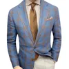 Men Clothing Polyester Casual Blazer Plaid Pattern Plain Color Lapel Long Sleeve Button Suit Coat for Party Dating 240201