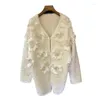 Women's Knits 2024 Designer Brand Women Fashion Knitwear Beaded Flower Appliques Pearl Buttons Knit Wool Sweater Cardigans Beige/Pink