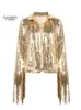 Women Tassel Sequin Jacket Summer Autumn Streewear Rock BF Retro Long-sleeved Silver Reflective Jacket Women Outwear Tops 240125