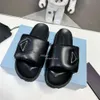 2024 New Soft Nappa Leather Slippers Slides Summer Sandals Slip on Triangle Flats Shoes Women's Designer Prad Factory Footwear