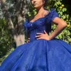 Blauw Glanzend Uit De Schouder Kristal Baljurk Quinceanera Jurken Lovertjes Applicaties Kant Kralen Sweet 16 Vestidos De 15 Anos