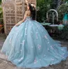 2024 Quinceanera Dresses Light Blue Lace Appliques Off Shoulder Illusion Hand Made Flowers Butterfly Beads Short Sleeves Plus Size Formal Party Prom Evening Gowns