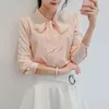 Kvinnors blusar Spring Autumn Shirt Topps Chic Lace-Up Collar Chiffon Blue Stylish Spring/Summer Workwear With Bowknot Detaljer Long