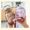 Water Bottles 1200ml Pipette Cup Double Drink Straw Sports Bottle Household Supplies Plastic Big Belly Cartoon Kettle