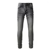 Jeans pour hommes hommes gris blanc maigre stretch haute streetwear mode slim fit en détresse plaine