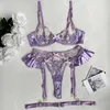 Bras sätter Yimunancy Floral Brodery Lingerie Set Women Elegant Sexy Sheer Erotic BR Panty Underwear Ruched Garter Kit