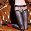 Chaussettes pour hommes, bas brillants à l'huile, Lingerie Gay, collants Sissy brodés à fleurs, collants Sexy et soyeux, sous-vêtements avec pochette pour pénis