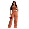 Women's Two Piece Pants LKF Fashion Sleeveless Open Waist Short Top Elastic Wide Leg Trouser Set 2 Washed Old