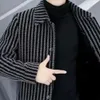 Men Jacket Turn-down Collar Long Sleeve Striped Single-breasted Thick Warm Cardigan Loose Plus Size Mid Length Casual Business S240127