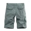 Mäns shorts arbetskläder för 2024 sommar tvättade fast färg Multi Pocket Casual Pants Cotton Five Point Sports