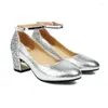 Модельные туфли с блестками золотистого и серебряного цвета, женские весенние вечерние танцевальные туфли с блестящим закрытым носком Мэри Джейн, большие размеры 43–42, женские туфли на массивном высоком каблуке