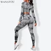 WANAYOU Women Seamless Tie Dye Yoga Sets Sports Leggings Suits Push Up Long Sleeve Gym Set Workout 240118