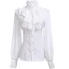 Vintage victorien froncé dentelle chemises et chemisiers gothique Lolita manches longues volants solide noir blanc hauts chemise pour les femmes 240130