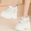 Zapatos de tacón súper alto para mujer, botines con cuña de cuero genuino con cordones, zapatillas de deporte a la moda con punta redonda para mujer, zapatos informales 240125