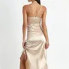 Casual Dresses Summer Sexy Bodycon Midi Dress Woman Party Satin Elegant Korean Ladies Backless Wedding Split Ruched