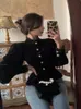 Woherb koreansk vintage lykta ärm blusa spetsar hög hals pärla knapp svart smal elegant mode sammet blus kvinnor skördtröja 240202