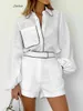 夏のシングル胸シャツスーツブラックホワイトコントラストカラーシャツショーツ2ピースセット女性服シンプルコットンリネンセット240201