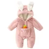 Bébé barboteuses hiver chaud corail polaire né bébé fille vêtements dessin animé lapin manteaux infantile combinaison animaux salopette pyjamas 240202