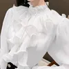 Vintage Ruffles Clothes Elegant Lace Blouse Women Spring Stand Collar White Chiffon Shirt Long Puff Sleeve Loose Tops 12946 240129